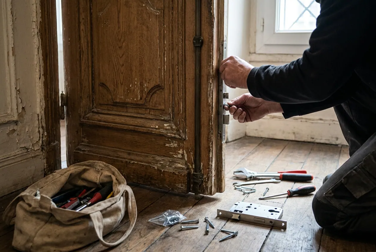 Porte palière d'un immeuble haussmannien de Belleville (Paris 20e) équipée d'une serrure multipoints